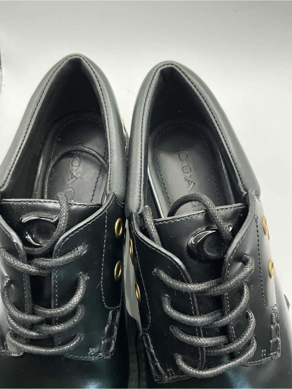 Coach Black Leather Lug Sole Loafers with Gold Eyelet Detail - Picture 8 of 9
